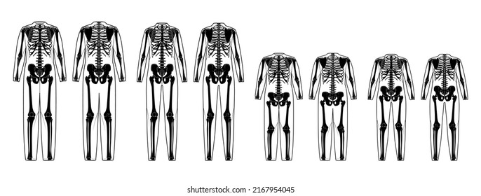 Set of Skeleton costume Human bones in bodysuit front back view men women children - boy, girl for Halloween, festivals, printing on clothes flat black color concept Vector illustration isolated