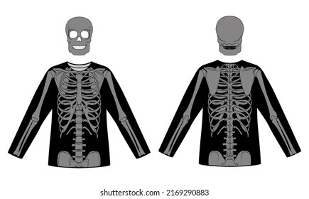 Set of Skeleton costume Human bones on longsleeve front back view men women for Halloween, festivals for printing on clothes for Day of the dead flat black color concept Vector illustration isolated