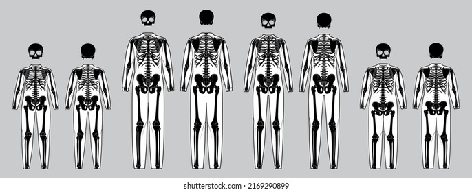 Set of Skeleton costume Human bones for whole family front back view men women children - boy, girl for Halloween, festivals, printing on clothes flat black color concept Vector illustration isolated