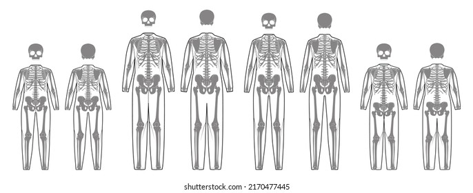 Set of Skeleton costume Human bones with scull front back view men women, children - boy, girl for clothes for Day of the dead flat black color concept Vector illustration of anatomy isolated