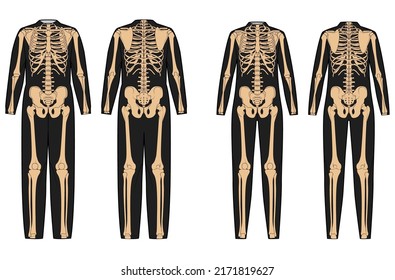 Set of Skeleton costume Human bones on bodysuit front back view men women for Halloween, festivals, printing on clothes for Day of the dead flat black beige color concept Vector illustration isolated
