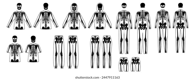 Set of Skeleton costume Human bones on shirts, pants front back view men women, boy, girl for Halloween, festivals, printing on clothes flat black color concept Vector illustration of anatomy isolated