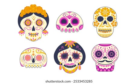 Set of skeleton decorated with flowers and decorative elements. Festive sugar skull for the Mexican Day of the Dead, Dia de los Muertos.