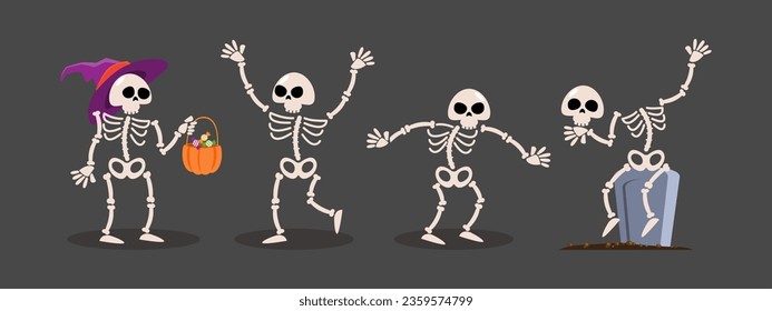 Set of Skeleton ghost . Halloween cartoon characters . Gray isolate background . Vector .