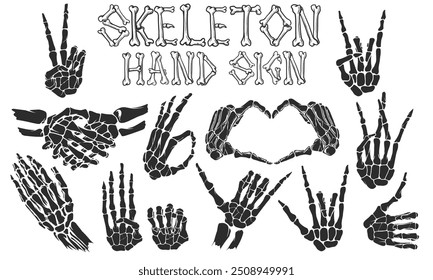 Satz von Handgesten des Skeletts. Skelett-Handzeichen, Vektorgrafik