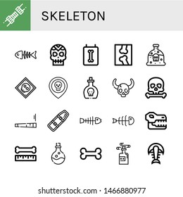 Set of skeleton icons such as Joint, Fish bone, Skull, X ray, Poison, Spinal board, Fishbone, Bone, Fossil , skeleton
