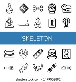 Set of skeleton icons such as Poison, X ray, Joint, Bones, Skull, Fossil, Bone, Fishbone, Spinal board, Fish bone , skeleton