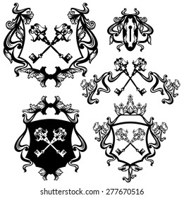 set of skeleton keys heraldry with royal crown and ribbon bows - black and white vector collection