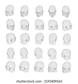 Set with a skeleton of a man's head in different positions from black lines isolated on a white background. The head turns fifteen degrees. Isometric view. 3D. Vector illustration.