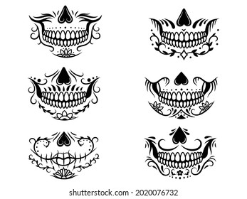 Set of skeleton mouth. Collection of sugar skull face mask with teeth. Los muertos. Halloween print. Vector illustration on white background