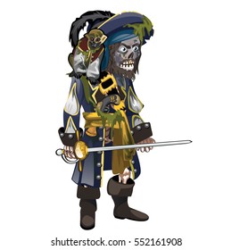 Set of skeleton of pirate with a black beard and blue cocked hat with feather and zombie monkey sitting on his shoulder isolated on a white background. Ghost of a pirate. Vector illustration close-up.