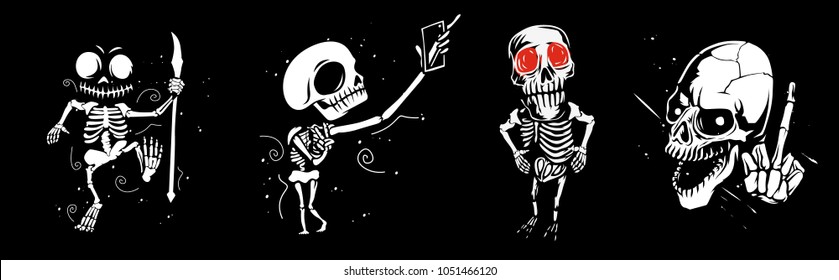 Set of skeleton posing, tshirt print, red eyes, symbol, vector illustration