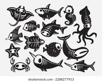 Set skeleton sea animals