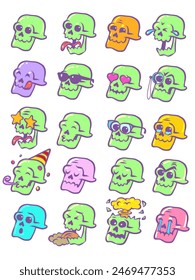 Set of skeleton skull emotions. Ready set of stickers and emojis. Holiday of the Dead and Mexico. Comic cartoon pop art retro vector illustration hand drawing. On a white background