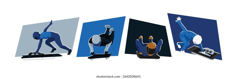 Set of skeleton sport athlete in action. Extreme sport, race. Flat vector cartoon illustration.