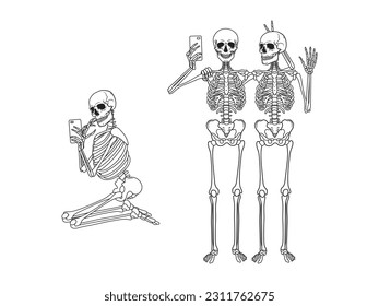 Conjunto de esqueletos tomando selfies por teléfono. Colección de esqueletos humanos tomando fotos ellos mismos. Diseño de camisetas. Arte moderno. Ilustración vectorial sobre fondo blanco.