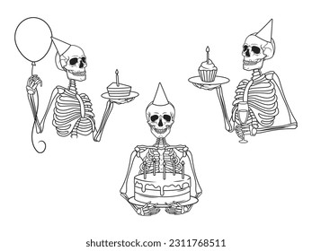 Conjunto de esqueletos para una fiesta de cumpleaños. Colección de esqueletos humanos en conos de cumpleaños y con tarta. Fiesta de Halloween. Excelente para tarjetas de felicitación. Ilustración vectorial sobre fondo blanco.