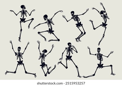 Conjunto de esqueletos bailando con diferentes posiciones de Vector. Plantilla bailando Halloween o Día de los esqueletos muertos. Diseño de Vector espeluznante, realista, aterrador huesos humanos personajes siluetas.