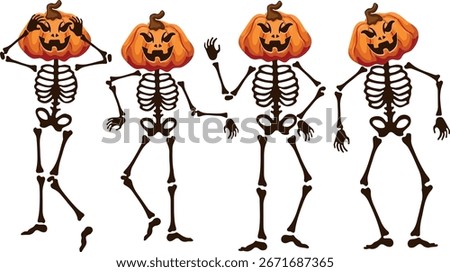 set of skeletons in different poses and Halloween pumpkins instead of heads that smile eerily, Halloween decor