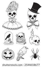 Set of Skeletons for Halloween. Halloween Elements on white Background. 