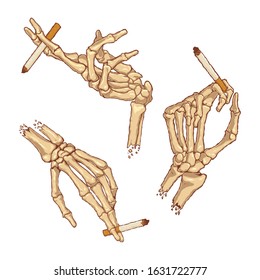 Set of skeletons of human hands holding a smoldering cigarette.Dangers of smoking vector illustration.