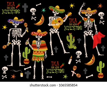 Set of skeletons. Mexican Festive Card. Mexican National Holiday background. Day of the Dead seamless pattern. Mexican skeleton