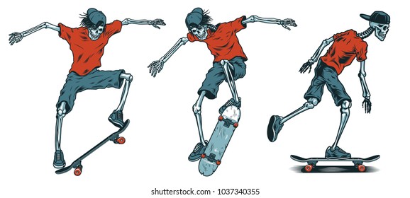 Set of skeletons skateboarders. Vector colour illustration