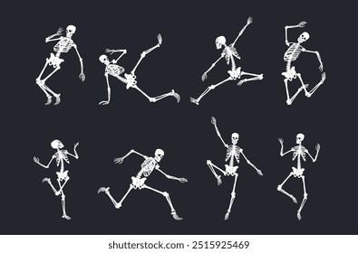 Set of skeletons vector dancing with different positions. Realistic collection of dancing Halloween party or Day of the dead skeletons. Template design creepy, scary human bones characters silhouettes