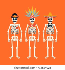 Set of skeletons wearing various headdresses. Ideal for Mexican 'Day of the Dead' themed graphic and web design