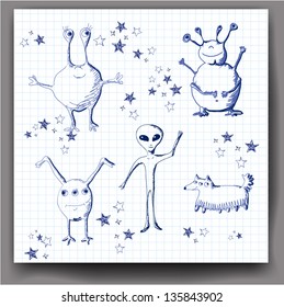 Set of sketch aliens