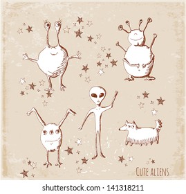 Set of sketch aliens. Vector illustration in vintage style
