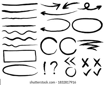 Set of sketch arrows and frames. Collection of silhouettes divider doodle circles, straight, check mark. Separating symbols. Vector illustration of divider text on a white background.