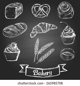 Set Of Sketch Bakery Items On Blackboard