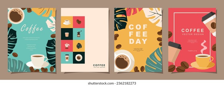 Set of Sketch banners with coffee beans and leaves on colorful background for poster or another template design. vector illustration.