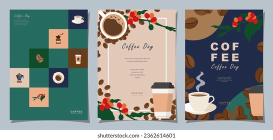 Set of Sketch banners with coffee beans and leaves on colorful background for poster or another template design. vector illustration.