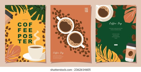 Set of Sketch banners with coffee beans and leaves on colorful background for poster or another template design. vector illustration.