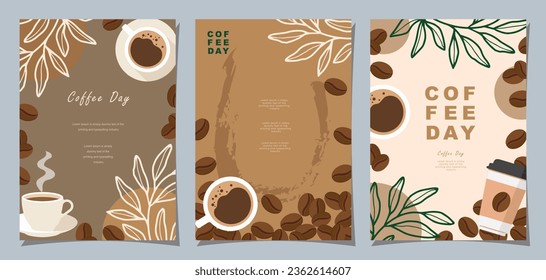 Set of Sketch banners with coffee beans and leaves on colorful background for poster or another template design. vector illustration.