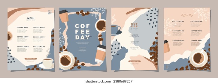 Juego de carteles de dibujo con granos de café y hojas sobre fondo colorido para afiches, portada, menú u otro diseño de plantilla. ilustración vectorial.