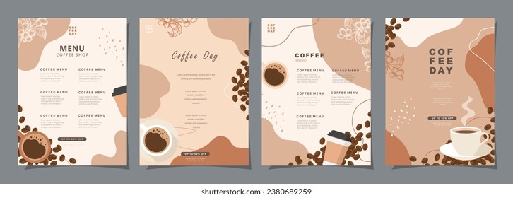 Juego de carteles de dibujo con granos de café y hojas sobre fondo colorido para afiches, portada, menú u otro diseño de plantilla. ilustración vectorial.