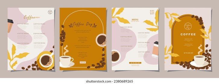 Set of sketch banners with coffee beans and leaves on colorful background for poster, cover, menu or another template design. vector illustration.