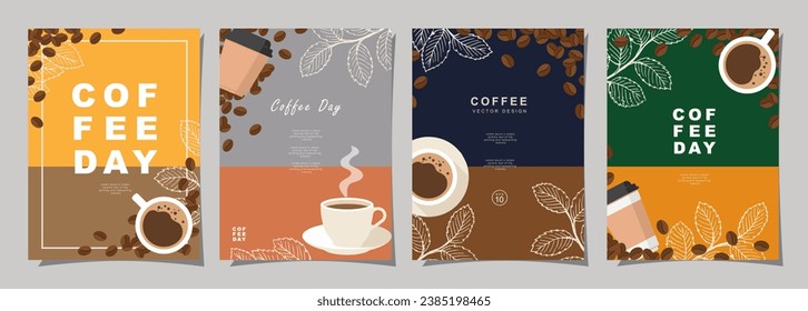 Set of sketch banners with coffee beans and leaves on colorful background for poster or another template design. vector illustration.