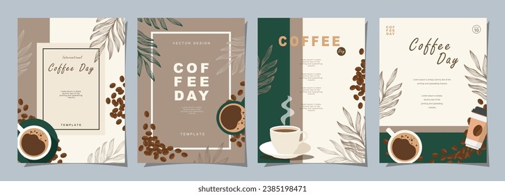 Set of sketch banners with coffee beans and leaves on colorful background for poster or another template design. vector illustration.