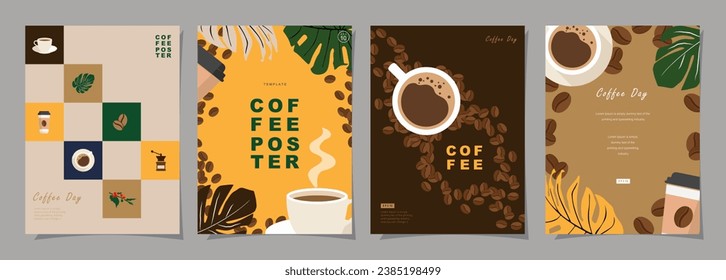 Set of sketch banners with coffee beans and leaves on colorful background for poster or another template design. vector illustration.