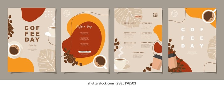 Set of sketch banners with coffee beans and leaves on colorful background for poster or another template design. vector illustration.