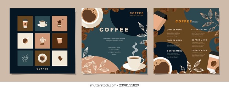 Set of sketch banners with coffee beans and leaves on colorful background for poster, cover, menu or another template design. vector illustration.