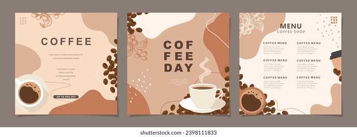 Set of sketch banners with coffee beans and leaves on colorful background for poster, cover, menu or another template design. vector illustration.