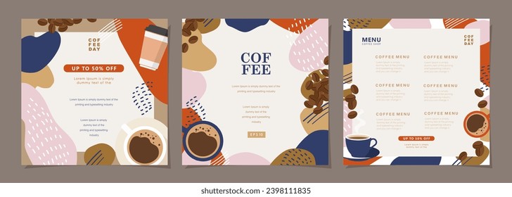 Set of sketch banners with coffee beans and leaves on colorful background for poster, cover, menu or another template design. vector illustration.