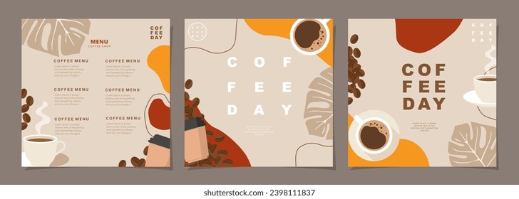 Juego de carteles de dibujo con granos de café y hojas sobre fondo colorido para afiches, portada, menú u otro diseño de plantilla. ilustración vectorial.