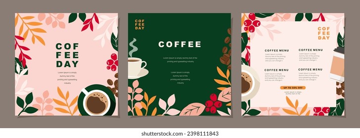 Set of sketch banners with coffee beans and leaves on colorful background for poster, cover, menu or another template design. vector illustration.