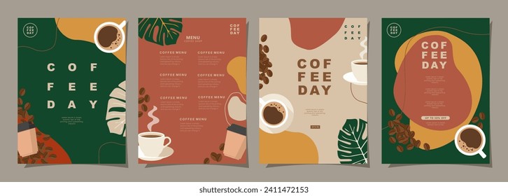 Set von Sketch-Bannern mit Kaffeebohnen und Blättern auf minimalem Hintergrund für Einladungen, Karten, Banner, Poster, Cover, Café-Menü oder ein anderes Template-Design. Vektorgrafik.